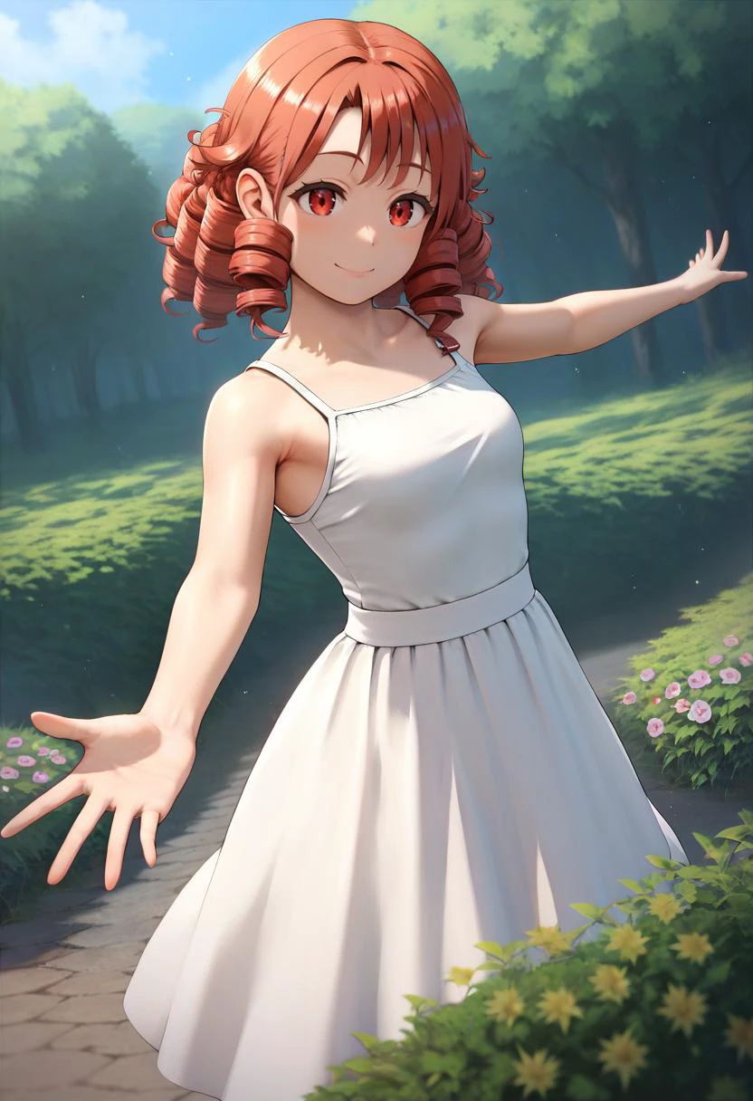 score_9, score_8_up, score_7_up, source_anime, 1girl,red eyes,smile, outdoors, best quality, red hair, ringlets, outstretched arms, white sundress, by rebis <lora:Rebis-Style-PonyXL-000016:1>