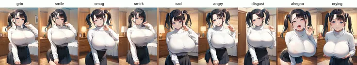 score_9, score_8_up, score_7_up, source_anime, 1girl,blue eyes,twintails, black hair, turtleneck sweater, white sweater, black skirt, grin,looking at viewer, from front, bedroom, standing, huge breasts <lora:Rebis-Style-PonyXL-Dora-000020:1>