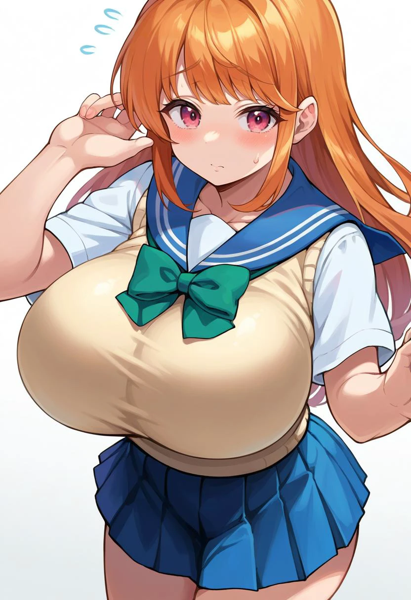 score_9, score_8_up, score_7_up, source_anime BREAK 1girl, long hair, looking at viewer, blush, bangs, simple background, shirt, white background, school uniform, heart, pleated skirt, serafuku, pink eyes, sailor collar, orange hair, huge breasts, blue skirt, flying sweatdrops, green bow, sweater vest, <lora:Rebis-Style-PonyXL-Dora-000020:1>