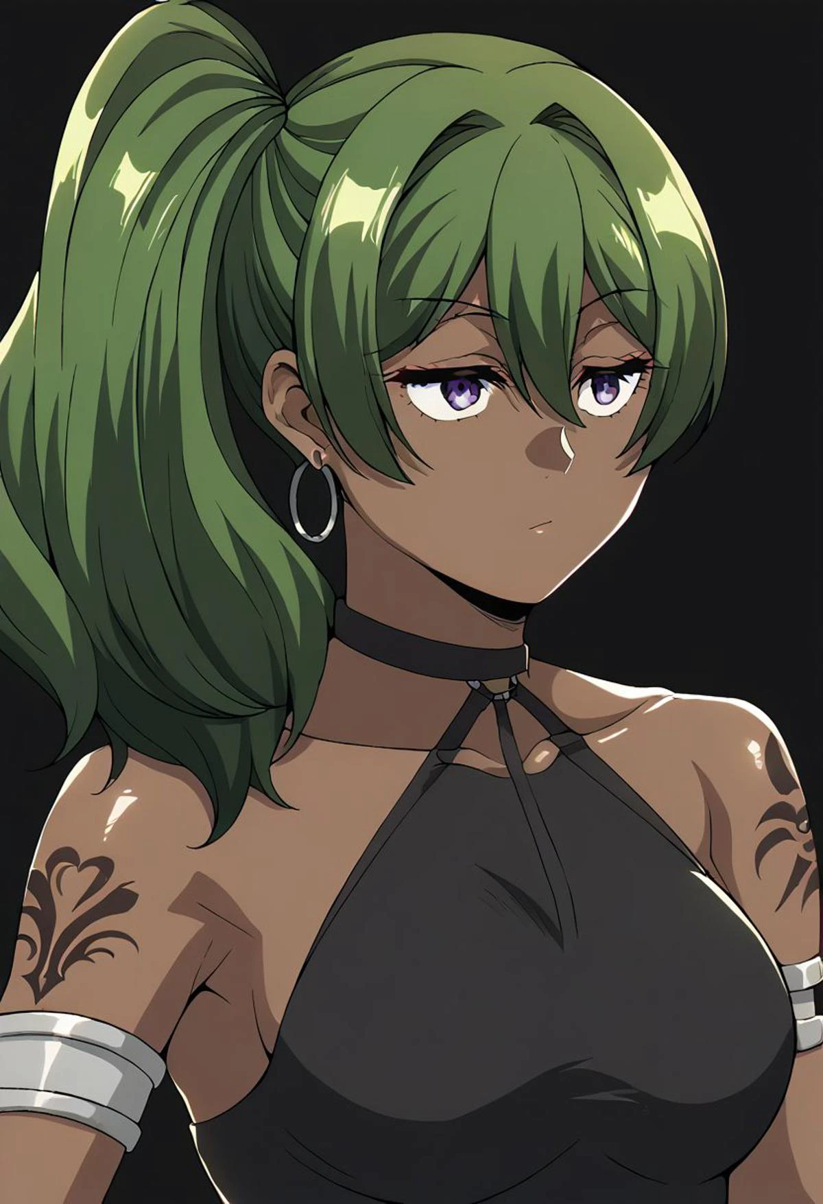 Score_9, score_8_up, score_7_up, score_6_up, source_anime, 1girl, solo, long hair, black background, (jet-black skin), neon glow, multicolored hair, hoop earrings, dark-skinned female, tattoo, colored skin, BREAK, (very dark skin), jewelry, large intricate hair accessories, hair ornament, long hair, shiny clothes, ubel,1girl,green hair, bangs,hair between eyes,side ponytail, purple eyes, black choker, collarbone, sleeveless, black dress,sleeveless dress, halterneck,pleated skirt, black gloves,belt,black footwear,