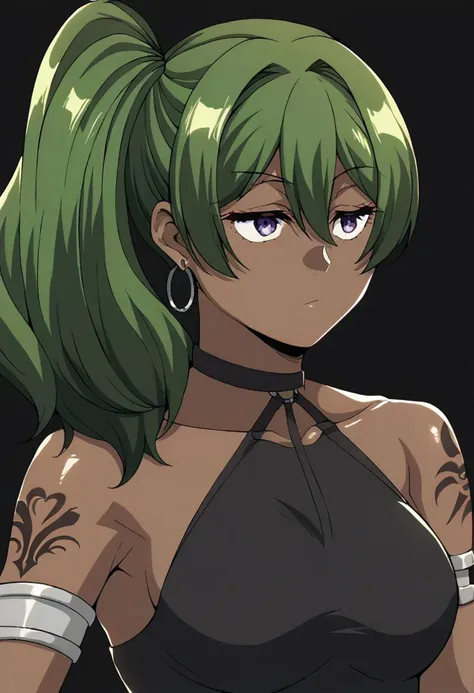 Score_9, score_8_up, score_7_up, score_6_up,  source_anime, 1girl, solo, long hair, black background, (jet-black skin), neon glow, multicolored hair, hoop earrings, dark-skinned female, tattoo, colored skin, BREAK, (very dark skin), jewelry, large intricate hair accessories, hair ornament, long hair, shiny clothes, ubel,1girl,green hair, bangs,hair between eyes,side ponytail, purple eyes, black choker, collarbone, sleeveless, black dress,sleeveless dress, halterneck,pleated skirt, black gloves,belt,black footwear,