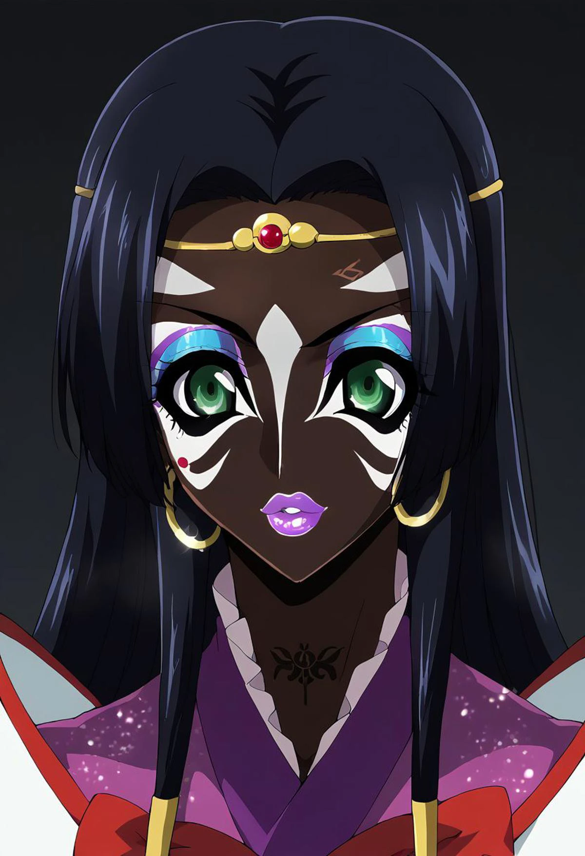 Score_9, score_8_up, score_7_up, score_6_up, source_anime, 1girl, solo, long hair, black background, (jet-black skin), neon glow, multicolored hair, hoop earrings, dark-skinned female, tattoo, colored skin, BREAK, (yamanba, white facepaint makeup:1.3), face stickers, eyeshadow, very dark skin, makeup, (metallic glitter), jewelry, white face tattoo, large intricate hair accessories, hair ornament, long hair, shiny clothes, bimbo lips, cyan lips, huge lips, sumeragi kaguya, black hair, green eyes, long hair, circlet, hair tubes, japanese clothes, red bow,
