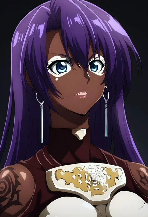 Score_9, score_8_up, score_7_up, score_6_up, source_anime, 1girl, solo, long hair, black background, (jet-black skin), neon glow, multicolored hair, hoop earrings, dark-skinned female, tattoo, colored skin, BREAK, very dark skin, makeup, jewelry, large intricate hair accessories, hair ornament, long hair, shiny clothes, arthur pencilgon, long hair, blue eyes, hair between eyes, very long hair, purple hair, gloves, belt, armor, clothing cutout, breastplate, bare shoulders, earrings,