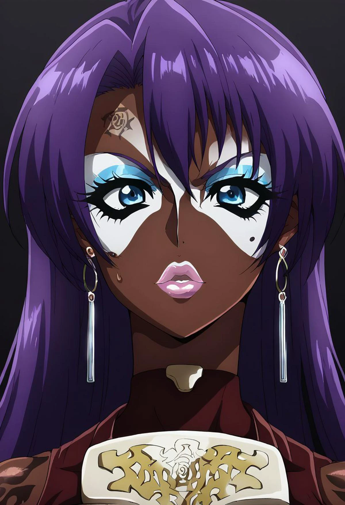 Score_9, score_8_up, score_7_up, score_6_up, source_anime, 1girl, solo, long hair, black background, (jet-black skin), neon glow, multicolored hair, hoop earrings, dark-skinned female, tattoo, colored skin, BREAK, (yamanba, white facepaint makeup:1.3), face stickers, eyeshadow, very dark skin, makeup, (metallic glitter), jewelry, white face tattoo, large intricate hair accessories, hair ornament, long hair, shiny clothes, bimbo lips, cyan lips, huge lips, arthur pencilgon, long hair, blue eyes, hair between eyes, very long hair, purple hair, gloves, belt, armor, clothing cutout, breastplate, bare shoulders, earrings,