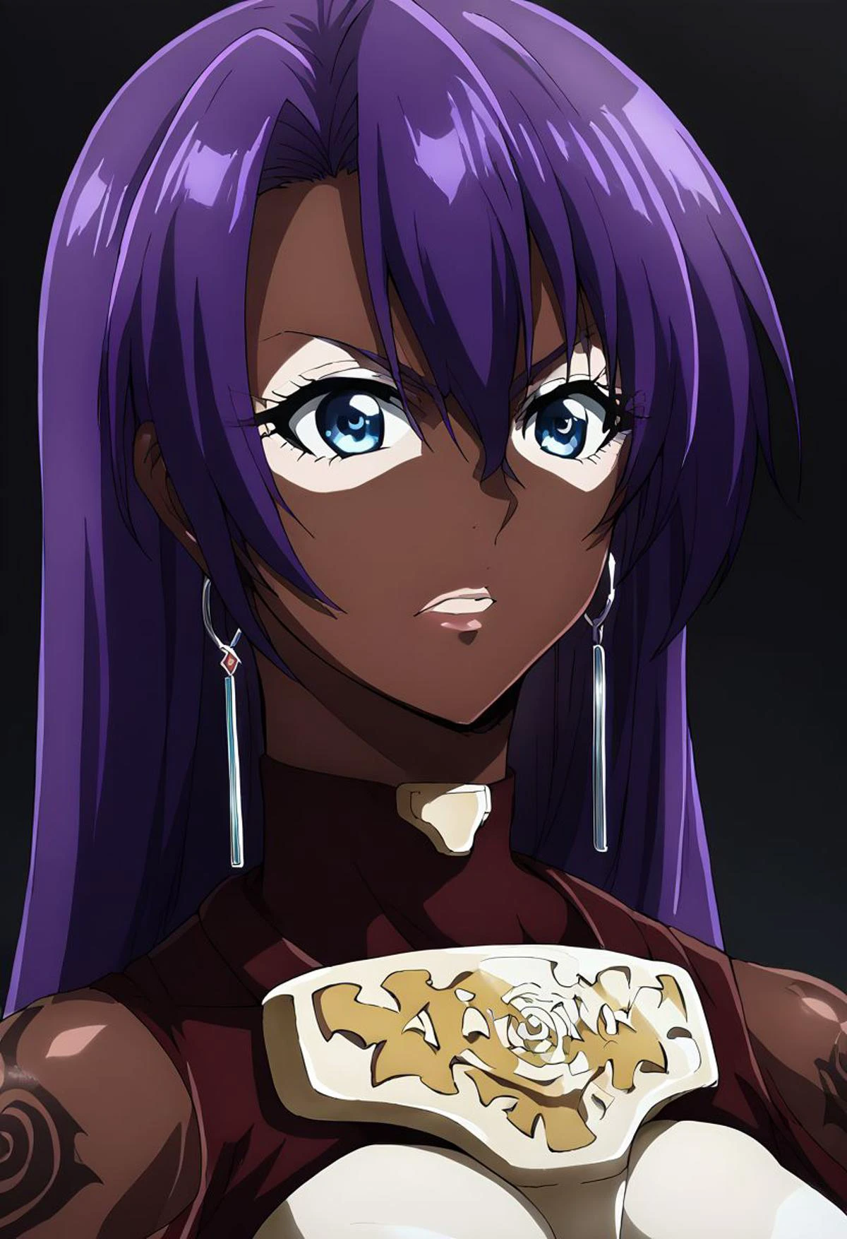 Score_9, score_8_up, score_7_up, score_6_up, source_anime, 1girl, solo, long hair, black background, (jet-black skin), neon glow, multicolored hair, hoop earrings, dark-skinned female, tattoo, colored skin, BREAK, very dark skin, makeup, jewelry, large intricate hair accessories, hair ornament, long hair, shiny clothes, arthur pencilgon, long hair, blue eyes, hair between eyes, very long hair, purple hair, gloves, belt, armor, clothing cutout, breastplate, bare shoulders, earrings,