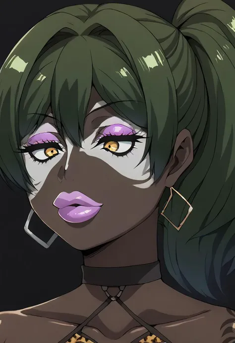Score_9, score_8_up, score_7_up, score_6_up, source_anime, 1girl, solo, long hair, black background, (jet-black skin), neon glow, multicolored hair, hoop earrings, (enormous lips:1.1), dark-skinned female, tattoo, colored skin, BREAK, (yamanba, white facepaint makeup:1.3), face stickers, eyeshadow, very dark skin, makeup, leopard print top, choker, off-the shoulder crop top, (metallic glitter), feather boa, fishnet shirt:1.2, jewelry, white face tattoo, large intricate hair accessories, hair ornament, long hair, yellow eyes, shiny clothes,bimbo lips, cyan lips, huge lips, womb tattoo, green latex pants, ubel,1girl,green hair, bangs,hair between eyes,side ponytail, purple eyes, black choker, collarbone, sleeveless, black dress,sleeveless dress, halterneck,pleated skirt, black gloves,belt,black footwear,