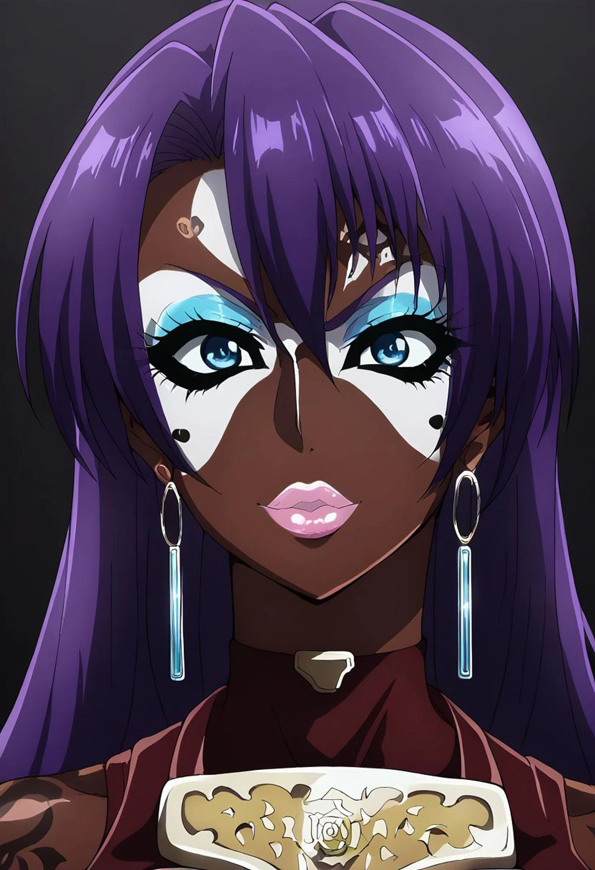 Score_9, score_8_up, score_7_up, score_6_up, source_anime, 1girl, solo, long hair, black background, (jet-black skin), neon glow, multicolored hair, hoop earrings, dark-skinned female, tattoo, colored skin, BREAK, (yamanba, white facepaint makeup:1.3), face stickers, eyeshadow, very dark skin, makeup, (metallic glitter), jewelry, white face tattoo, large intricate hair accessories, hair ornament, long hair, shiny clothes, bimbo lips, cyan lips, huge lips, arthur pencilgon, long hair, blue eyes, hair between eyes, very long hair, purple hair, gloves, belt, armor, clothing cutout, breastplate, bare shoulders, earrings,
