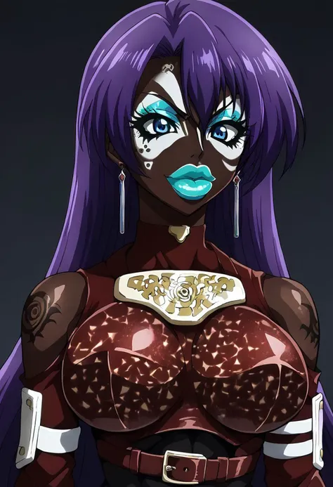 Score_9, score_8_up, score_7_up, score_6_up,  source_anime, 1girl, solo, long hair, black background, (jet-black skin), neon glow, multicolored hair, hoop earrings, (enormous lips:1.1), dark-skinned female, tattoo, colored skin, BREAK, (yamanba, white facepaint makeup:1.3),  face stickers, eyeshadow, very dark skin, makeup, leopard print top, choker,  off-the shoulder crop top, (metallic glitter), feather boa, fishnet shirt:1.2, jewelry, white face tattoo, large intricate hair accessories, hair ornament, long hair, yellow eyes, shiny clothes,bimbo lips, cyan lips, huge lips, womb tattoo, red latex pants, arthur pencilgon, long hair, blue eyes, hair between eyes, very long hair, purple hair, gloves, belt, armor, clothing cutout, breastplate, bare shoulders, earrings,, pubic hair,