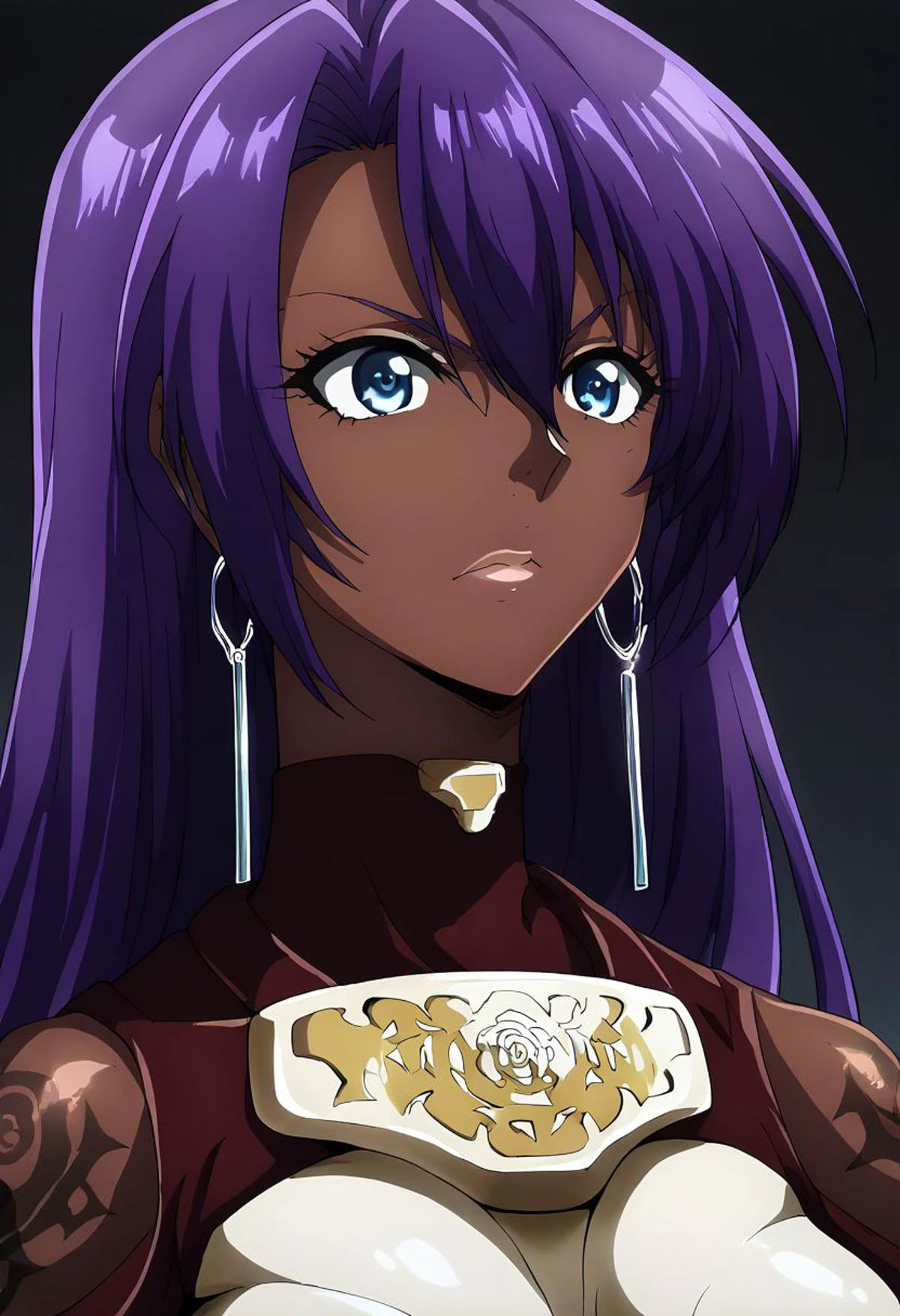 Score_9, score_8_up, score_7_up, score_6_up, source_anime, 1girl, solo, long hair, black background, (jet-black skin), neon glow, multicolored hair, hoop earrings, dark-skinned female, tattoo, colored skin, BREAK, very dark skin, jewelry, large intricate hair accessories, hair ornament, long hair, shiny clothes, arthur pencilgon, long hair, blue eyes, hair between eyes, very long hair, purple hair, gloves, belt, armor, clothing cutout, breastplate, bare shoulders, earrings,