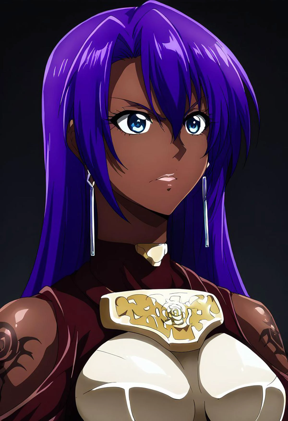 Score_9, score_8_up, score_7_up, score_6_up, source_anime, 1girl, solo, long hair, black background, (jet-black skin), neon glow, multicolored hair, hoop earrings, dark-skinned female, tattoo, colored skin, BREAK, very dark skin, jewelry, large intricate hair accessories, hair ornament, long hair, shiny clothes, arthur pencilgon, long hair, blue eyes, hair between eyes, very long hair, purple hair, gloves, belt, armor, clothing cutout, breastplate, bare shoulders, earrings,