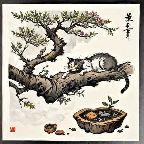 <lora:Ath_ink-painting_XL:1>,ink-painting,ink anf wash,painting \(medium\),traditionalmedia,watercolor\(medium\),A bonsai like tree with a cat sleeping under it,<lora:Munteanu_style:0.8>,till Eulenspiegel,by Val Munteanu,Val Muntenau illustration,, (masterpiece, best quality, high quality, highres, ultra-detailed),