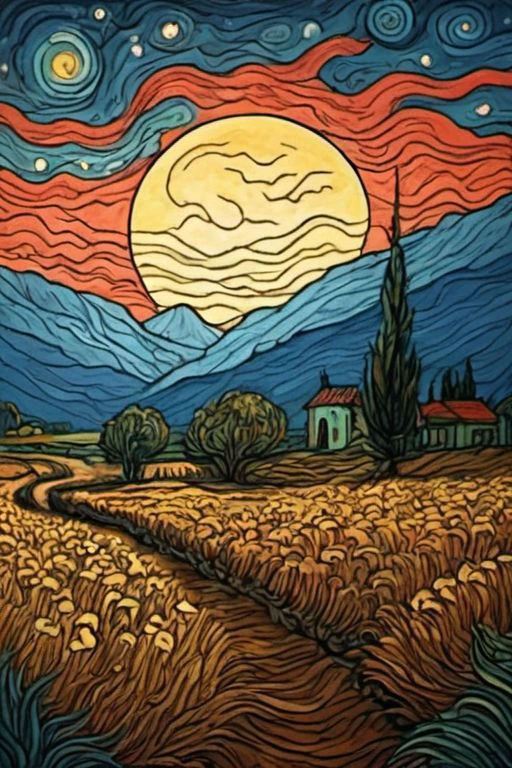 Bloodstainedai,vincent van gogh \(style\),starry night,clean line work,high contrast,cell shading,<lora:ParchartXL-2.0:0.4>,on parchment,<lora:Munteanu_style:0.4>,till Eulenspiegel,by Val Munteanu,Val Muntenau illustration,<lora:Bloodstained-XL-V1:0.7>,, (masterpiece, best quality, high quality, highres, ultra-detailed),