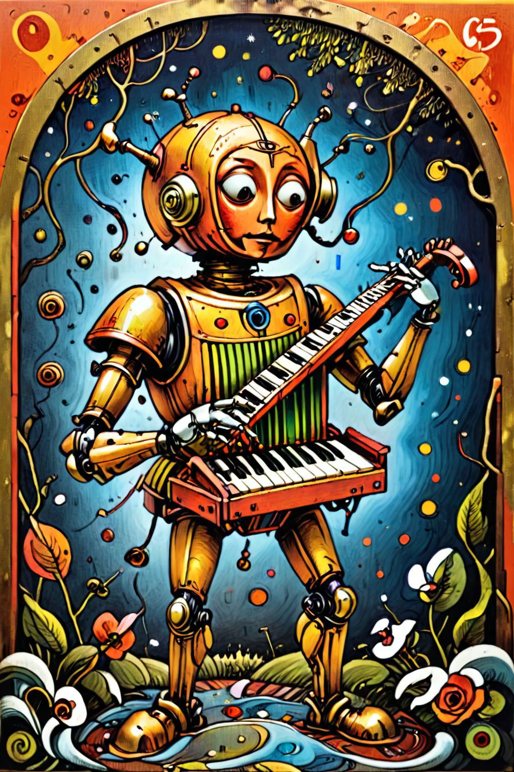 abstract art,(style of Yuko Shimizu:1.3),gold theme,<lora:linquivera:0.8>,linquivera,liiv1,<lora:Munteanu_style:0.8>,till Eulenspiegel,by Val Munteanu,Val Muntenau illustration,<lora:Robopop:0.8>,robopop,robot,playing musical instrument,, (masterpiece, best quality, high quality, highres, ultra-detailed),