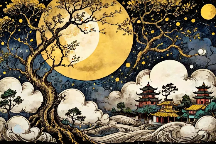 abstract art,(style of Yuko Shimizu:1.3),gold theme,dark sky,dark stars,moon,tree,cloud,chinese traditional scenery,<lora:linquivera:0.8>,linquivera,liiv1,<lora:Munteanu_style:0.8>,till Eulenspiegel,by Val Munteanu,Val Muntenau illustration,<lora:ParchartXL-2.0:0.8>, on parchment,, (masterpiece, best quality, high quality, highres, ultra-detailed),