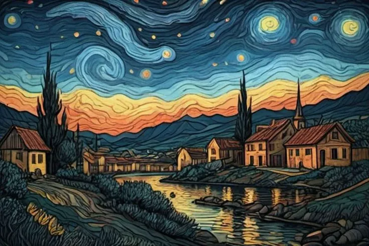 Bloodstainedai,vincent van gogh \(style\),starry night,clean line work,high contrast,cell shading,<lora:ParchartXL-2.0:0.4>,on parchment,<lora:Munteanu_style:0.4>,till Eulenspiegel,by Val Munteanu,Val Muntenau illustration,<lora:Bloodstained-XL-V1:0.7>,, (masterpiece, best quality, high quality, highres, ultra-detailed),