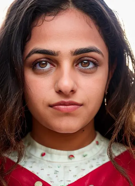 closeup portrait of skswoman, happy, background farm epic (photo, studio lighting, hard light, sony a7, 50 mm, matte skin, pores, colors, hyperdetailed, hyperrealistic), <lyco:Nithya Menon:1.1>