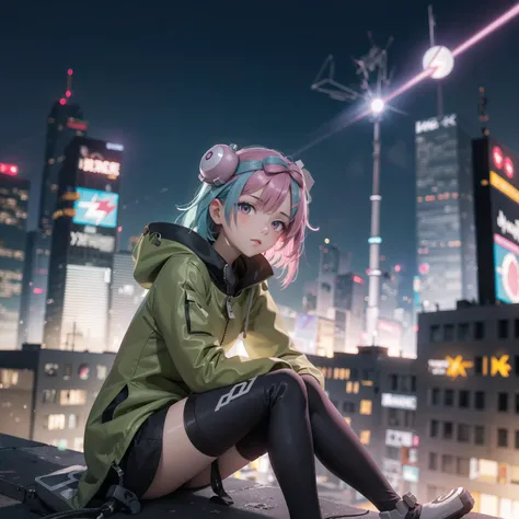 (masterpiece), vivid, vibrant colors,1girl, elegant, slut, joy,<lora:iono:0.8>, (iono), hair ornament, ionojacket,looking down at viewer,cyberpunk, lightning, (static charge), (electric arc), sitting on edge of tower,visually stunning, blurred background, tilt shift, matte painting, bokeh