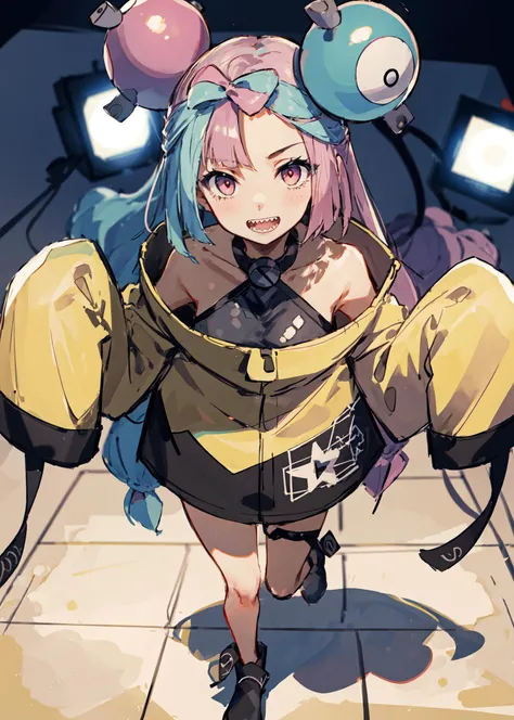 (8k, raw photo, best quality, masterpiece), good anatomy, 1girl, solo, full body, iono, ionojacket, empire state building, cute, beatiful, standing on one leg, pink eyes, open mouth, from above, street, tokyo, upper body, pleased, close-up, extremely detailed face, sharp teeth, professional lighting, light from viewer, <lora:ionoPokemon_v10:1>
