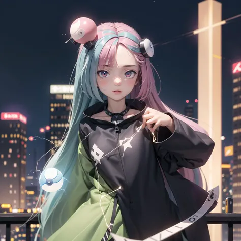 (masterpiece), vivid, vibrant colors, photorealistic, glowing, 1girl, elegant , joy,<lora:iono:0.8>, iono, hair ornament, ionojacket, long sleeves, poke ball \(basic\),night, metropolitan, electricity, static charge, electric arc, visually stunning, blurred background, tilt shift, matte painting, bokeh