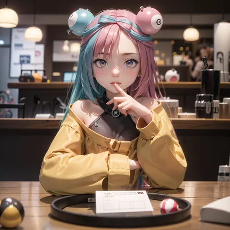 (masterpiece), vivid, vibrant colors, photorealistic, glowing, 1girl, elegant , joy,<lora:iono:0.8>, iono, ionojacket, hair ornament, long sleeves, poke ball \(basic\), being filmed, coffee shop, visually stunning, blurred background, tilt shift, matte painting, bokeh