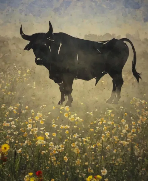 niohstorytell, silhouette of a bull on the flower field <lora:niohstorytelling-step00000400:1>