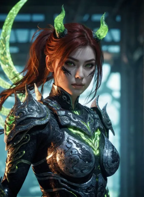 portrait of absolutely beautiful,young woman,1girl,auburn hair,dark eyes,kunoichi,female ninja,fractals floating around her,<lora:niohxlyaki2-step00000420:0.8>,perfect body,niohxlyaki,yoki,green glowing horns,epic,cinematic,masterpiece,dojo in the background,yoki,winged angel od death