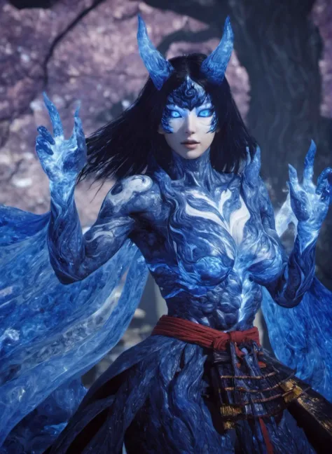 portrait of absolutely beautiful woman,1girl, <lora:niohxlyaki2-step00000420:1>,niohxlyaki,blue yokai form,epic,cinematic,masterpiece,scenery in the background