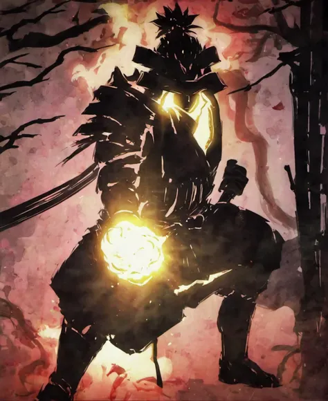 niohstorytell, silhouette of a samurai warrior casting a glowing spell,<lora:niohstorytelling-step00000400:1>