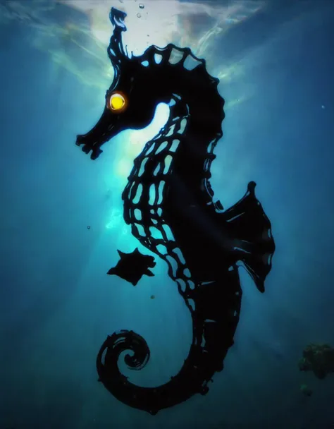 <lora:niohstorytelling-step00000400:1>,niohstorytell,silhouette of a seahorse with glowing eyes,underwater