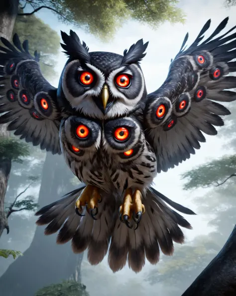 owl,black and grey feathers,more eyes,red eyes,demon,yokai,realistic,epic,cinematic,masterpiece,best quality,16k,trending on artstation, <lora:niohxl-step00000300:1> in the style of niohxl,flying