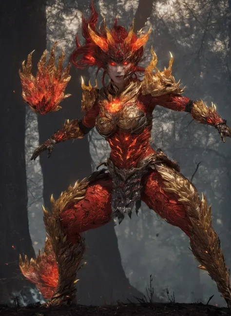 <lora:niohxlyaki2-step00000420:0.8>, full body,niohxlyaki,armour,1girl,epic, awardwinning,red yokai form,Hyperdetailed Photography,yoki,raw photo,128k UHd, yellow glowing,trending on artstation, cinematic , forest in the background