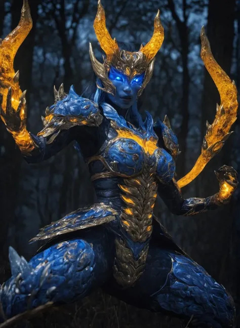 <lora:niohxlyaki2-step00000420:0.8>, niohxlyaki,armour,1girl,epic, blue yokai form, award-winning,hyperdetailed Photography,yoki,raw photo,128k UHd, yellow glowing horns,trending on artstation, cinematic , forest in the background,night time