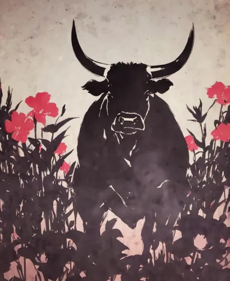 niohstorytell, silhouette of a bull on the flower field <lora:niohstorytelling-step00000400:1>