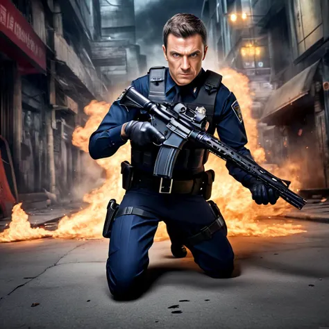 <lora:woman_on_knees_xl_lora>male police officer on knees on the floor and aims his (handgun:1.25) at the viewer,highly concentrated,wearing pants,highly detailed,sharp focus,clear,very expressive,attractive,artistic,cinematic,full detail,intricate,awesome,elegant,elite,colorful,iconic,complex background,vibrant colors,perfect,endured_face,restrained,serious,furrowed_brow,eye-contact,depth of field,reality,highres