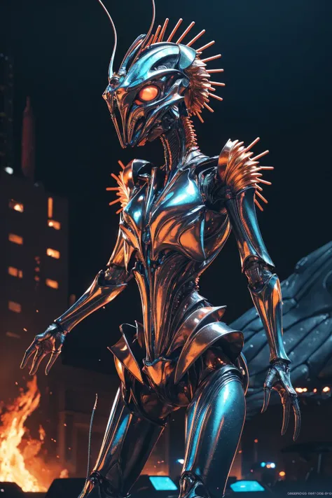 an alien from Distric 9, OliDistrict, intricate detailed beautiful 3D render, detailed alien background city, fire in the background, futuristic alien,(by Jim Burns:1.2), Alex Grey and Beeple,legs and torso and head, Ligne Claire,8K,DSLR,sacred geometry,cybernetic,electrical discharge,fractal,inception,hyperreal,very detailed,by Zhelong Xu,vivid color scheme,octane render,unreal engine,chromatic aberration, in OliDisco style