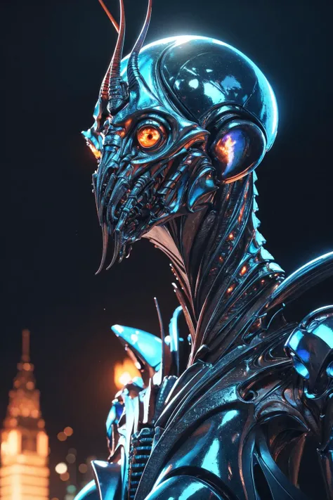 an alien from Distric 9, OliDistrict, intricate detailed beautiful 3D render, detailed alien background city, fire in the background, futuristic alien,(by Jim Burns:1.2), Alex Grey and Beeple,legs and torso and head, Ligne Claire,8K,DSLR,sacred geometry,cybernetic,electrical discharge,fractal,inception,hyperreal,very detailed,by Zhelong Xu,vivid color scheme,octane render,unreal engine,chromatic aberration, in OliDisco style