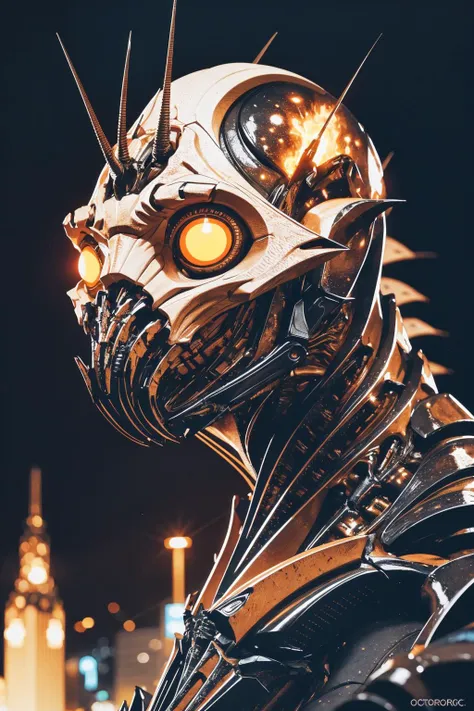 portrait with detailed city background, white background, fire, bokeh, energy, electricity, bolts of lightning, cinematic dark gothic lighting, an alien from District 9, OliDistrict, maximalist super detailed gnarly sticker, illustration, vector, digital art, flat colors, sharp lines, marker, 2D, cartoon,