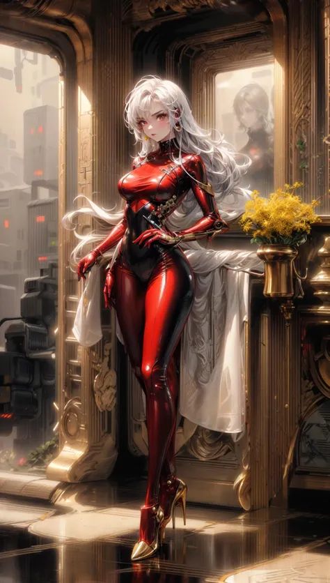 cyberpunk female, woman wearing (Opalescent Garnet Red Satin Blouse with metallic sheen:1.2), (tight full bodysuit:1.1), (Champagne,Goldenrod color background:1.3), (futuristic interior:1.2), <lora:MG_jijia:0.6> <lora:futuristic_interior:0.7>