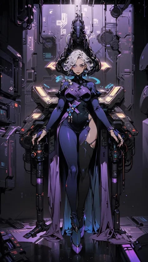 cyberpunk female, woman wearing (Amethyst Purple Velvet Dress with opalescent accents:1.2), (tight full bodysuit:1.1), (Indigo Blue,Purple color background:1.3), (futuristic interior:1.2), <lora:MG_jijia:0.6>  <lora:futuristic_interior:0.7>