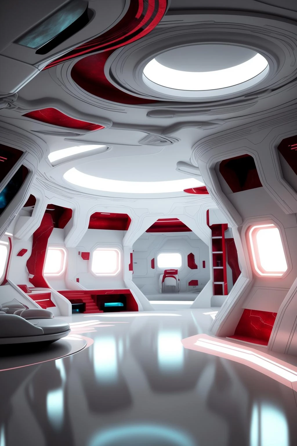 award winning interior design of a house on alien planet, carmine color scheme , futuristic, detailed , futuristic_interior ,