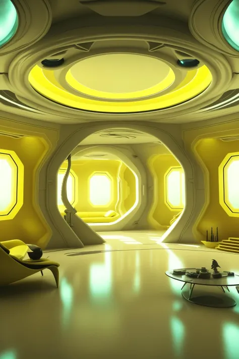 award winning interior design of a house on alien planet, yellow color scheme , futuristic, detailed , futuristic_interior ,