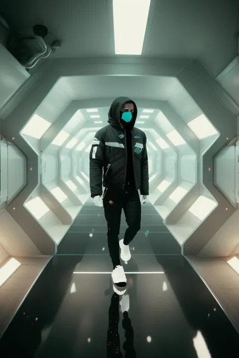 a man in a black jacket and a mask walks through a tunnel , solo, short hair, black hair, long sleeves, 1boy, standing, jacket, male focus, shoes, pants, indoors, black jacket, mask, black pants, white footwear, sneakers, walking, blue theme, mouth mask, futuristic_interior ,