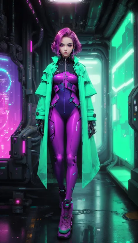 cyberpunk female, woman wearing (Jade Green Trench Coat with iridescent lining:1.2), (tight full bodysuit:1.1), (Magenta,Indigo color background:1.3), (futuristic interior:1.2), <lora:MG_jijia:0.6> <lora:futuristic_interior:0.7>