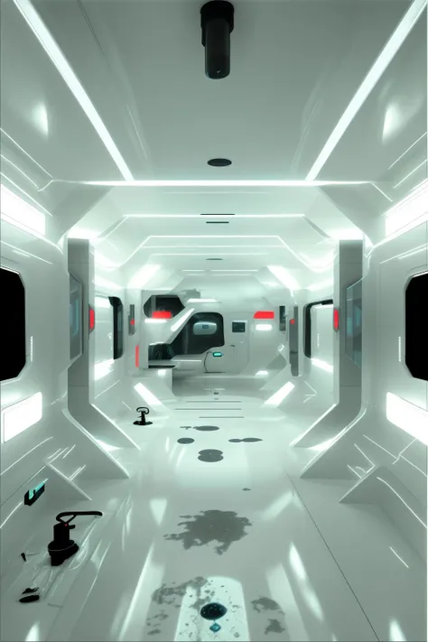 a futuristic bathroom with a sink and a shower , monochrome, greyscale, no humans, ground vehicle, science fiction, futuristic_interior ,