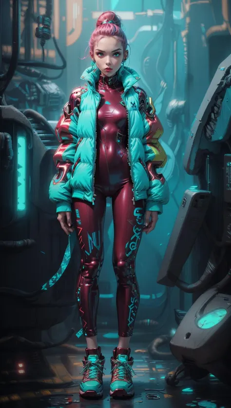 cyberpunk female, woman wearing (Garnet Red Puffer Jacket with metallic details:1.2), (tight full bodysuit:1.1), (Aqua,Turquoise Dream color background:1.3), <lora:MG_jijia:0.6> <lora:futuristic_interior:0.7>