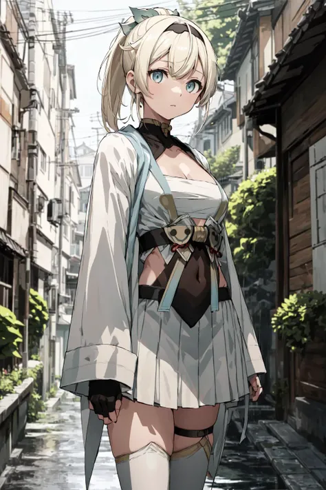 A girl named kazama iroha is standing on a street in the rain. She has blonde hair with bangs, a black hairband and a leaf hair ornament. She ties her hair in a ponytail. She has blue eyes and a natural face (face focus:1.3). She is wearing white clothes with black and fingerless gloves that cover her long sleeves. She also wears a white sarashi around her chest and a white skirt that is pleated and short. Over her clothes, she wears a white haori. She has white thighhighs on her legs. She has large breasts and a covered navel. She carries a sheathed sword on her back. The scene is of best quality (best quality:1.5), absurd resolution and HDR. The (background is blurred:1.5).
<lora:kazama_iroha_v1:0.6>