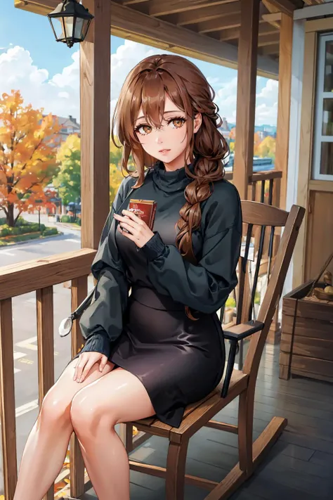 masterpiece, best quality, <lora:nolva-nvwls-v1-000010:1> nolva, single braid, black sweater, pencil skirt, sitting, rocking chair, porch, autumn, looking at viewer