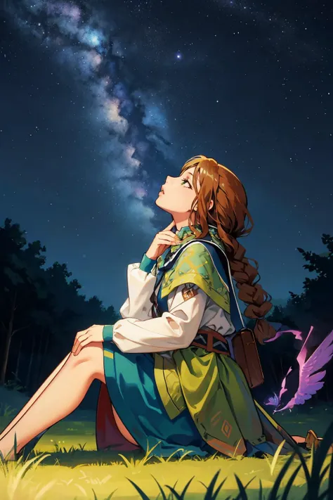 masterpiece, best quality, <lora:nolva-nvwls-v1-000010:1> nolva, single braid, green dress, long sleeves, sitting, from side, on ground, looking up, night sky, tree