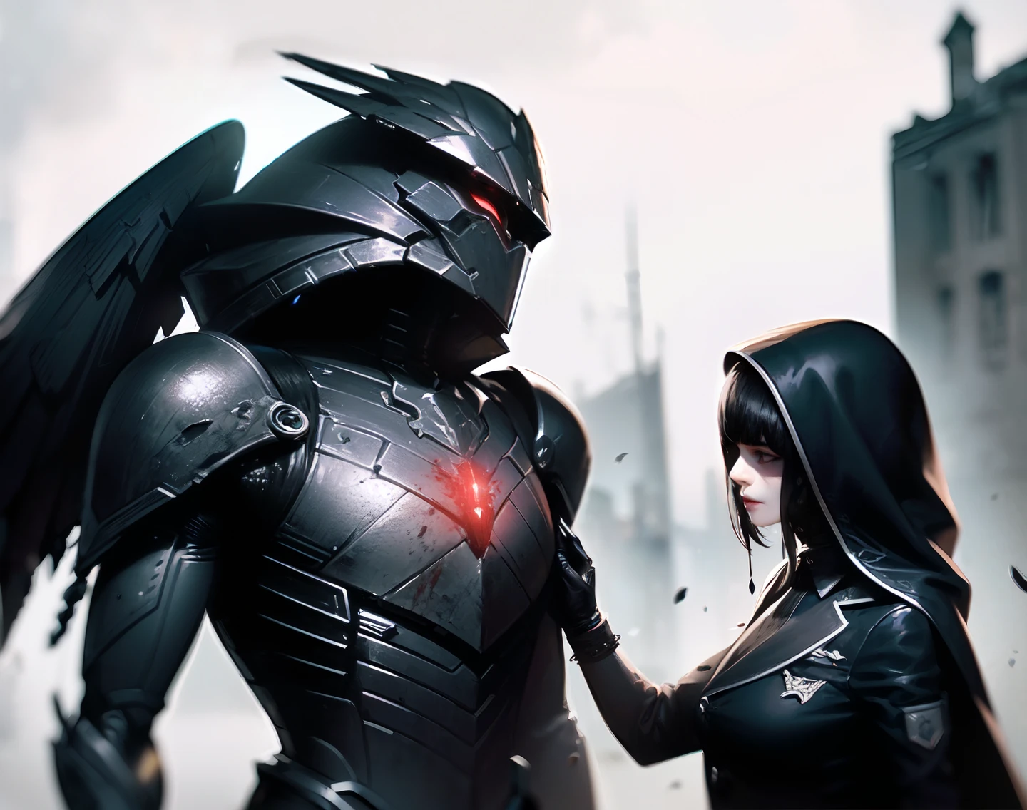 (extremely detailed CG unity 8k wallpaper,masterpiece), ((8k resolution)), ((hyper detailed)), ((best quality)), (((realistic:1.2))), (ultra-detailed), (best illumination, best shadow, an extremely delicate and beautiful), ultra-HD, cryengine, HD octane render, dynamic angle, floating, finely detail, Depth of field, bloom, ((Soft Lighting)), (an extremely delicate and beautiful Illustration), ((smooth gradient lighting)), highres, smooth, sharp focus, official art, pixiv masterpiece, ((intricate details))), Stunning art, Dynamic shading, Soft lighting, Full color, Soft subtle colorful lighting, Highly detailed, High quality metal texture, Metallic luster, Highly detailed, (((((an illustration of a beautiful woman holding on to a man with a mechcanical bird-mask and large black flowing wings)))), (intriate details), very detailed face, deep eyes, (White hair), (semi realistic:1.6), ((half-closed eyes)), (((beautiful intricate veil/hood))), (tactical gear), 1man, ((stalker \\(warframe\\)\\ mechanical raven mask)), ((high quality black and red tactical gear)), (urban_tech-wear + black_gloves), ((tactical vest + tactical gear)), ((black clothing)), (survival gear), tall boots, (black tactial gear), (long black coat), ((wearing highly detailed torn black robe)), (flowing cape), ((glowing eyes)), perfect hands, mechanical parts, Complicated background, depth of field, dynamic camera angle, blood rain behind, low stagnant red water, red glass pieces swirling around, ((high quality detailed ruins)), spot color, monotone, red, blood, Blood fog, Splashing blood, lovecraftian, bloodborne, complicated background, ((high quality detailed ruins)), (less light, broken city, floating wreckage behind, dark sky, gray mist), (best illumination, an extremely delicate and beautiful), (cinematic lighting), depth of field, neon color, gradation, Artstation, splash art, (hyper intricate details), ((ultra-detailed)), overexposure, illustration, 4k unity, blood, Blood fog, ((dark fantasy)), (limited palette:1.3), High contrast,((cinematic lighting)), depth of field, depth of field, neon color, gradation, ((by sui ishida, by Wenjun Lin, by stefan morrell)), ((semi-realistic)), (realism), (epic), landscape view, (dynamic), detailed painting by Yoann Lossel, (nixeu_basic2:0.7)