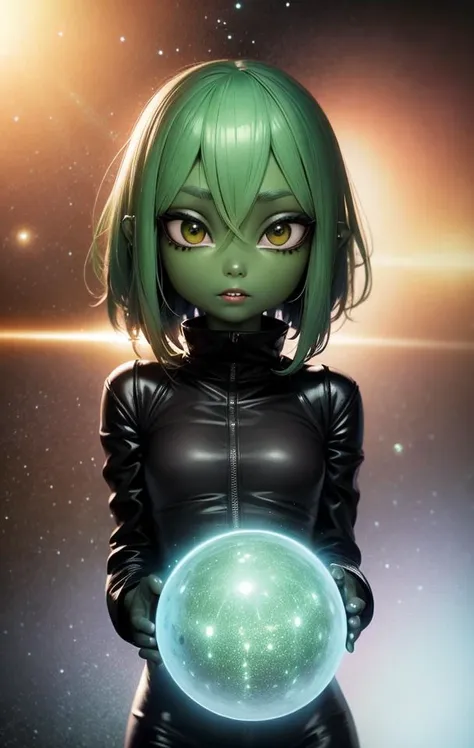 ((realistic)), cinematic shot, movie theater, photo referenced, highest quality, high quality, (detailed face and eyes:1.1), skinny alien girl, ((green skin)), (grey alien), ((big eyes)), big nose, black sclera, ((in space)), UFO in the background, black jumpsuit, holding a laser gun, black eyes, subsurface scattering, intricate (high detail), ((cute)), (detailed skin:1.1), shiny skin, photorealism, volumetric lighting, golden dust